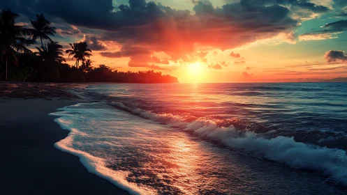 Photorealistic tropical shoreline at radiant sunset horizon.