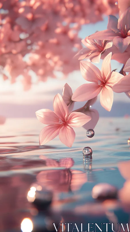 Soft pink blossoms hover over shimmering pastel water surface.