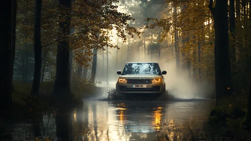 SUV drives through shallow forest water under warm light.