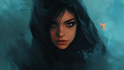 Storm-eyed sorceress wrapped in midnight smoke and embers.