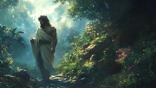 Robe-wrapped man walks through dense sunlit forest path
