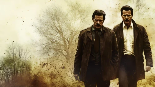 Weathered detectives stride through a storm of quiet ruin.