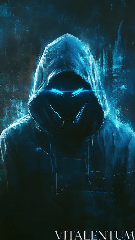 Cyber hooded figure with glowing neon visor in darkness.