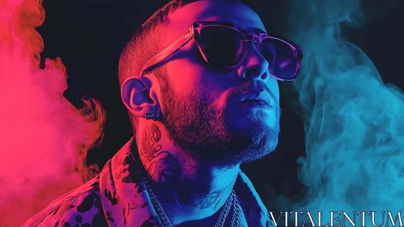 Neon split lighting portrait in cinematic cyberpunk studio setup.