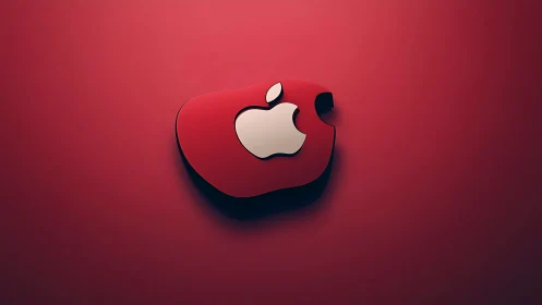 Red 3D apple-shaped emblem with silver logo on red wall.