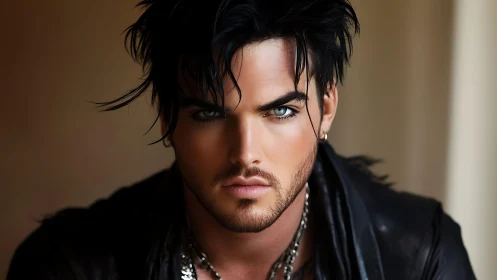 Male model portrait shows intense gaze and styled dark hair