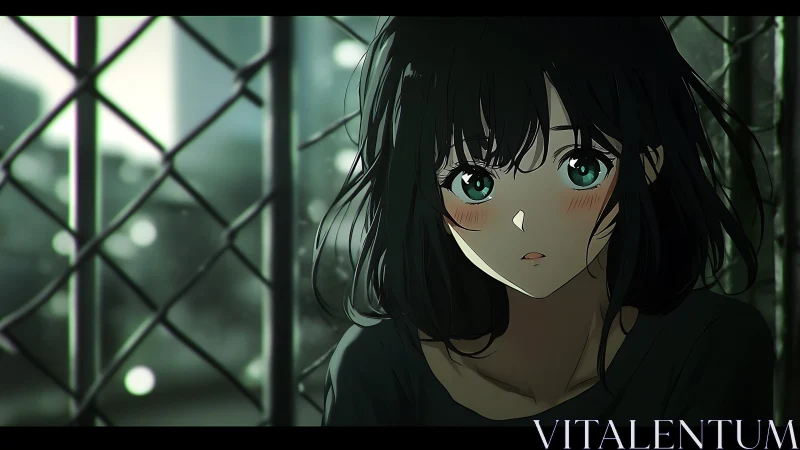 Melancholic girl portrait by chain-link fence at dusk.