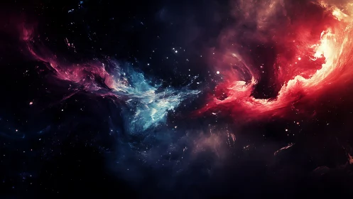 Cosmic nebula clash with red and blue swirling clouds.