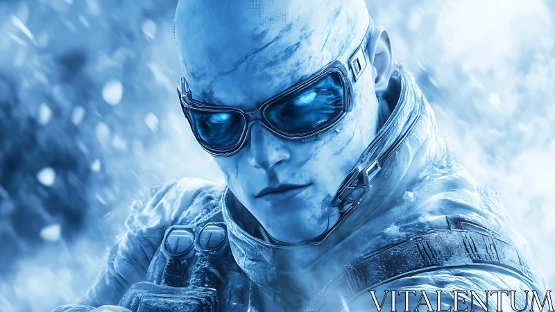 Cybernetic ice operative rendered in high-contrast blue lighting