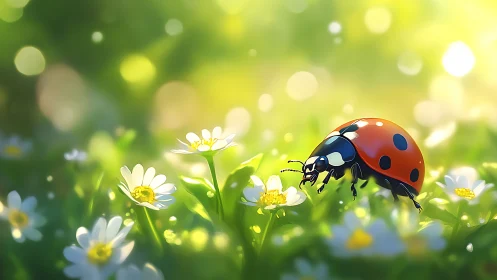 Ladybug on daisies under glowing spring bokeh light.