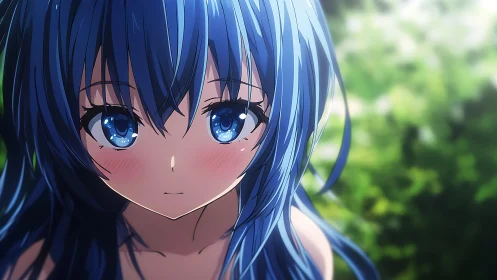 Blue haired anime girl portrait is shown in close focus