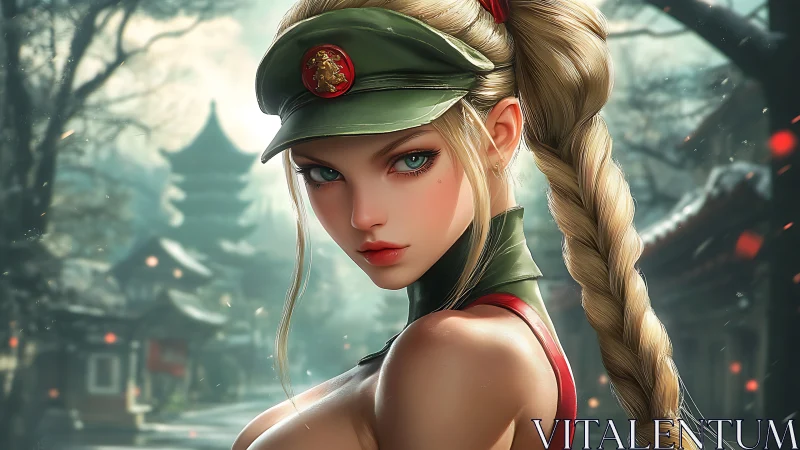 Soldier heroine with braid in misty temple courtyard.