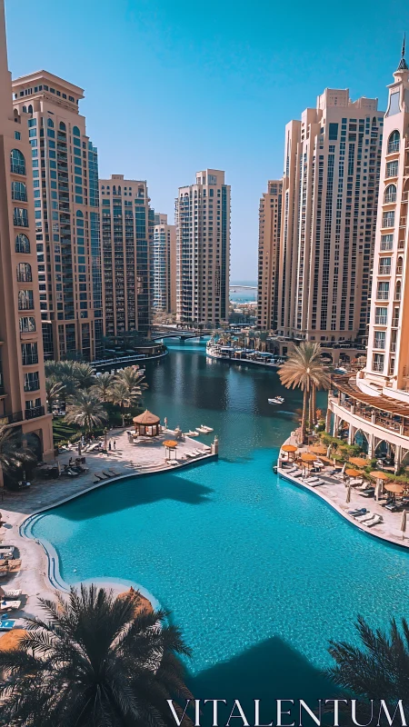 High-rise waterfront complex with central pool and canal.