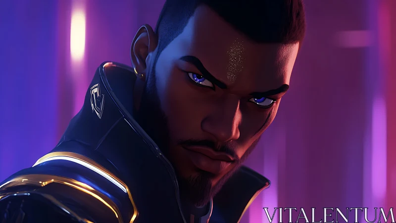 Futuristic warrior portrait glows under neon purple light