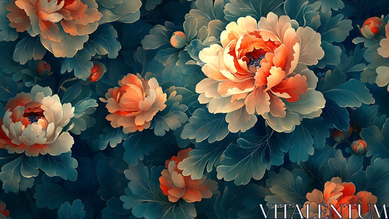 Layered Peonies in Cream and Coral Against Deep Teal Background.