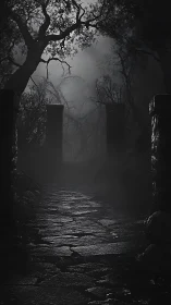 Stone path through dense night forest between pillars.
