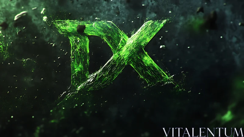 Neon green DX logo in dark shattered particle space.
