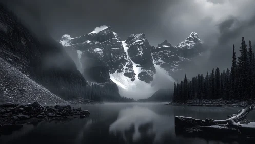 Monochrome alpine lake with snowbound peaks in winter storm