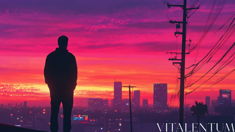 Silhouetted person watching neon pink city sunset skyline