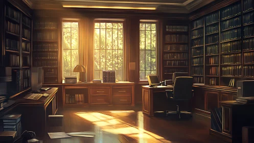Sunlit mahogany study with towering bookcases and desks.