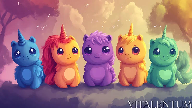 Row of stylized pastel unicorn figures stands in gradient light