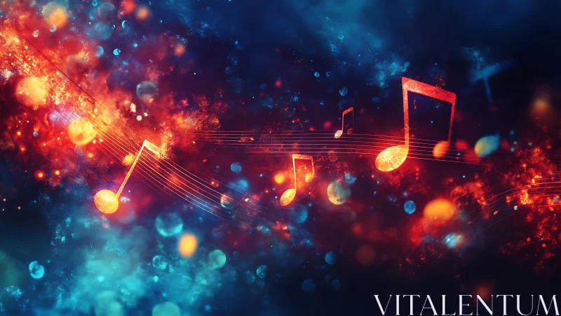 Glowing music notes drifting through a cosmic color storm.