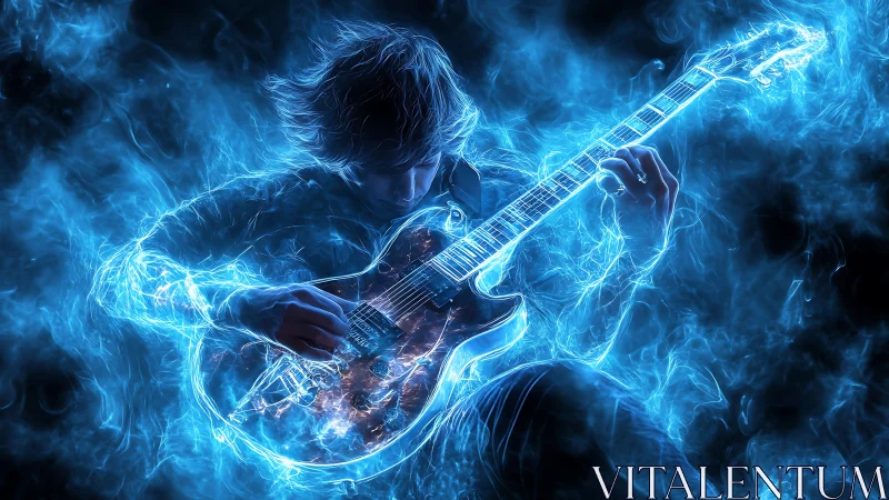 Electric guitarist emerges from luminous blue energy storm.