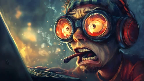 Hyperfocused gamer stares at glowing screen in vivid chaos.