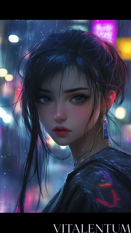 Neon rain muse staring down a holographic nightscape.