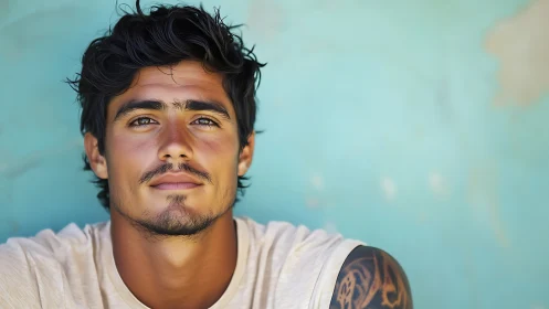 Young man with tattooed shoulder sits against turquoise wall