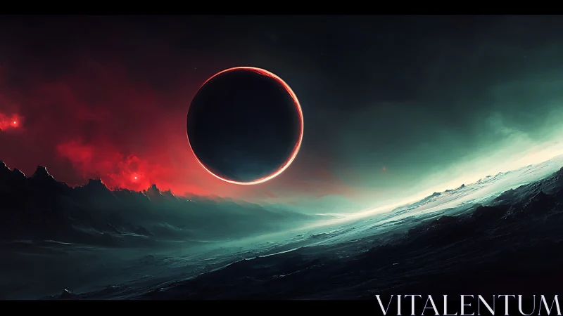 Crimson eclipse over a silent alien horizon at dusk.