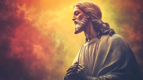 Radiant devotional statue of Christ amid glowing clouds.