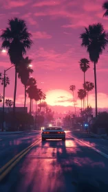 Sunset drive glows along a palm-lined city boulevard