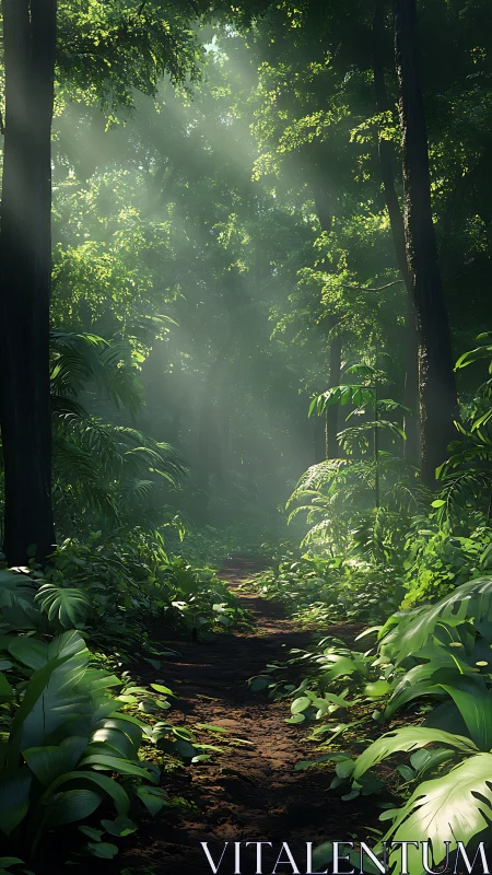 Sunlit forest path cuts through dense emerald canopy.