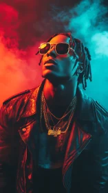 Bicolor gel-lit portrait of stylish man in leather and chains