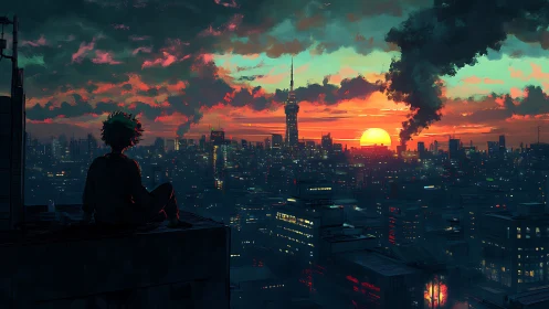 Silhouetted figure observes dense city skyline at vivid sunset