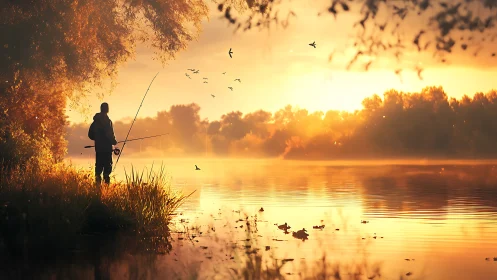 Sunrise solitude with a quiet lakeside fisherman.