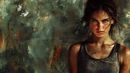 Defiant young woman against abstract grunge backdrop in digital painting