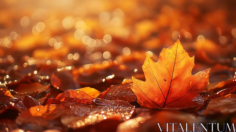 Single autumn leaf glows in soft golden evening light.