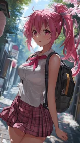 Pink haired schoolgirl walks sunlit street under blossoms