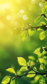 Sunlit spring leaves glow against soft green bokeh field.