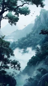 Misty Mountain Valley Landscape with Ancient Trees
