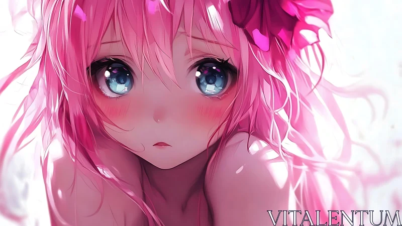 Melancholic pink haired anime girl in soft glowing light.
