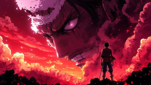 Fiery anime duel scene with colossal spectral antagonist face