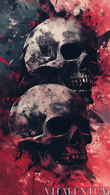 Twin grunge skulls emerge from chaotic red splatter storm.