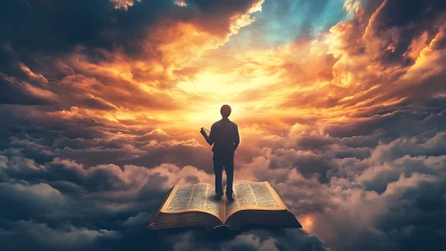 Silhouetted reader stands on open book above glowing clouds