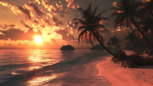 Golden island sunset hugging a quiet palm-lined shoreline.