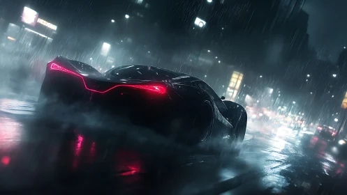 Neon rain crowns a midnight supercar slicing through streets