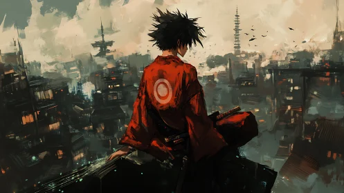 Samurai silhouette overlooking dense dystopian skyline at dusk