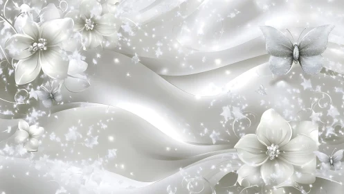 Pearlescent blossoms and butterflies drift through silver light.